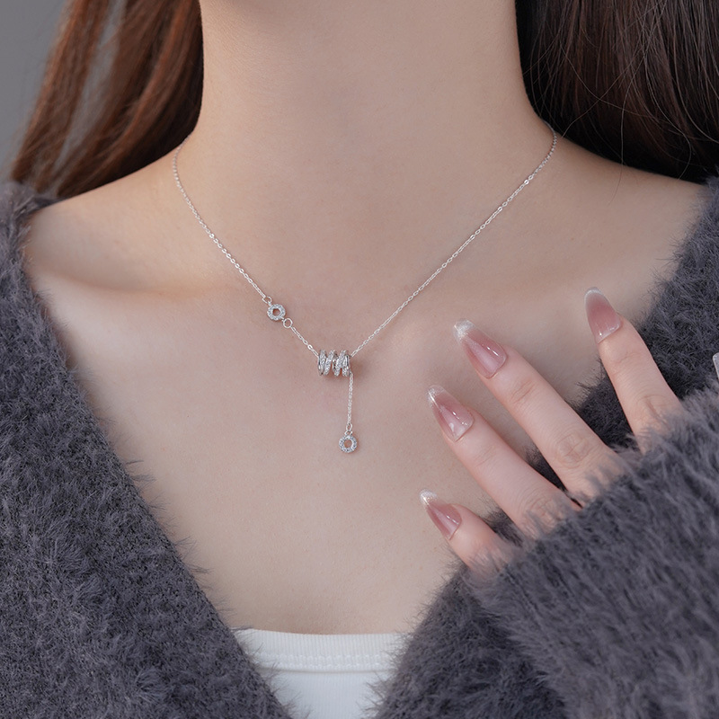 S999 Silver CZ Cylinder Tassel Pendant Necklace for Women main product image 4