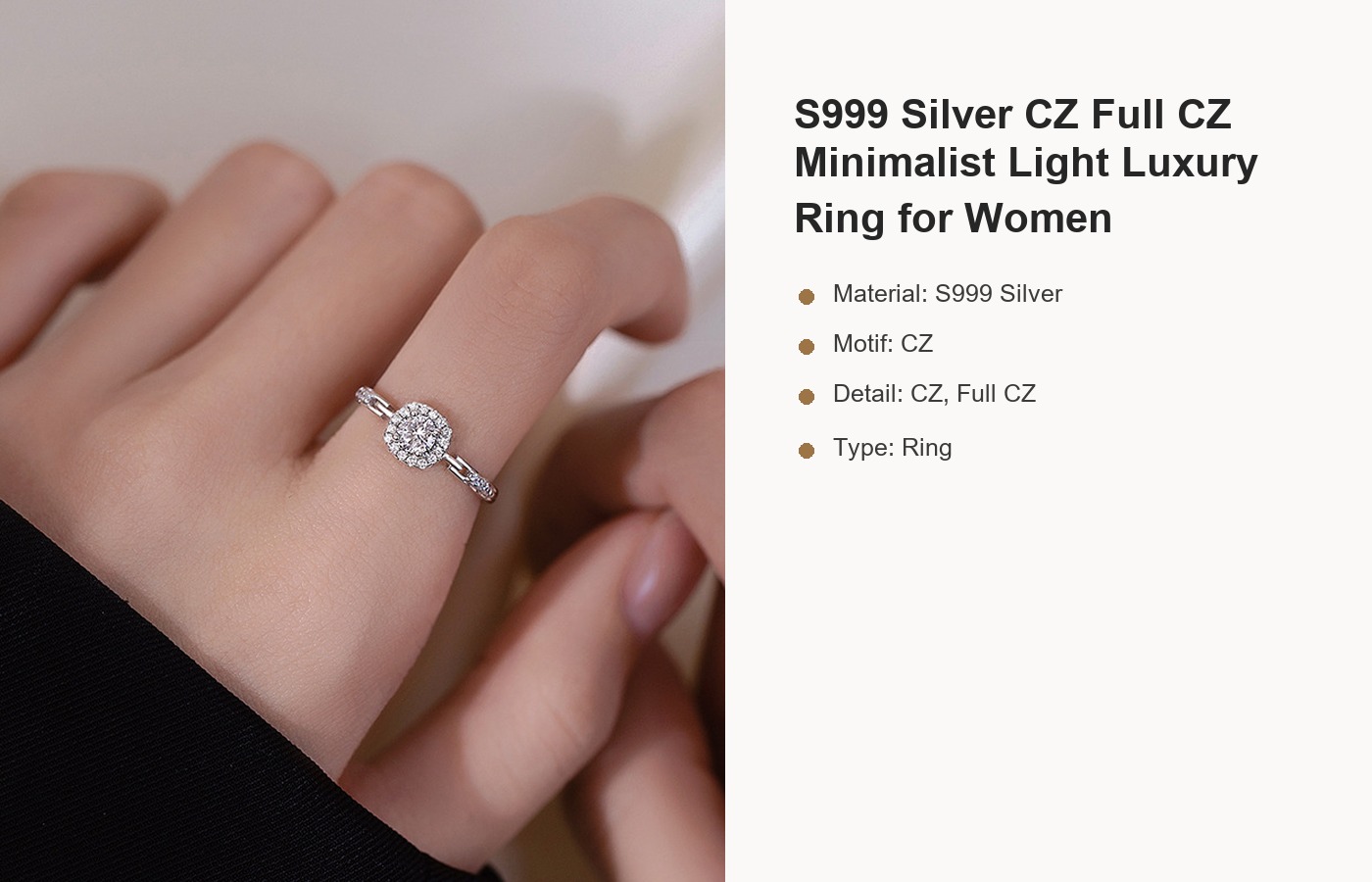S999 Silver CZ Full CZ Minimalist Light Luxury Ring for Women detail image