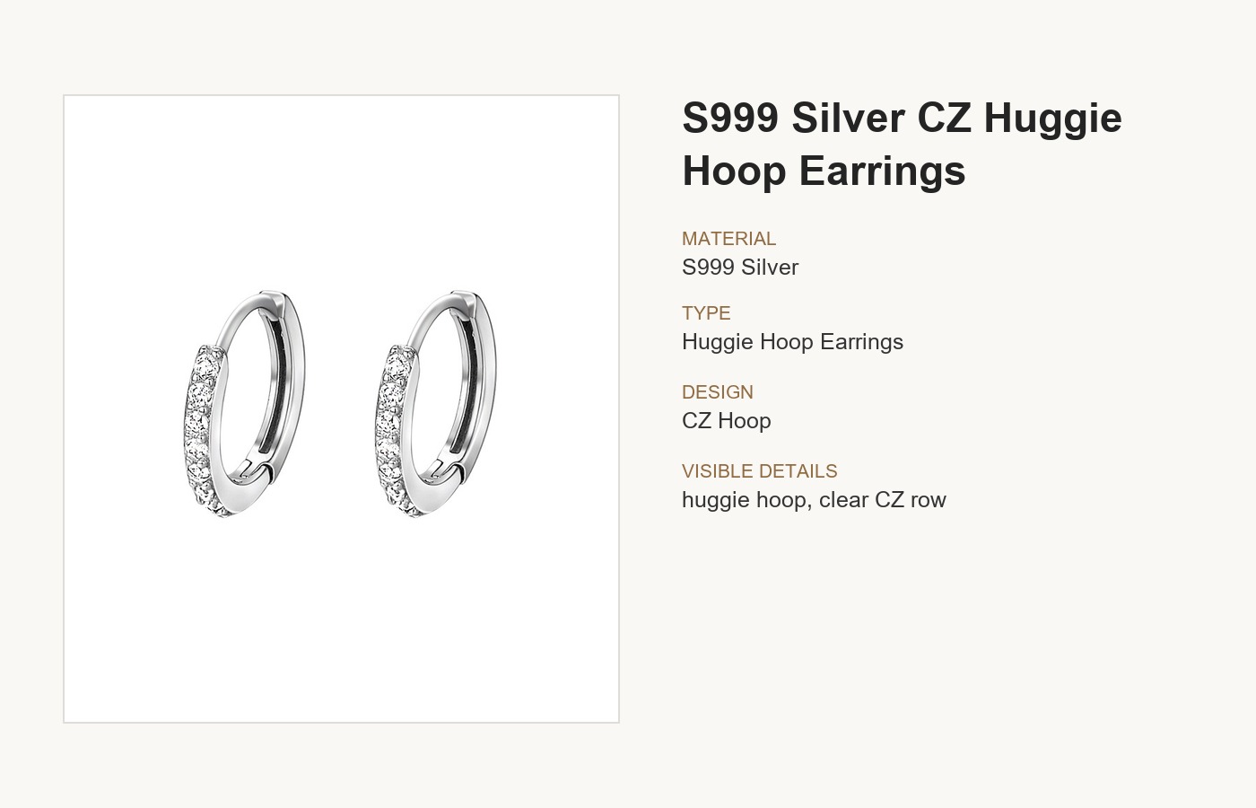 S999 Silver CZ Huggie Hoop Earrings for Women detail image