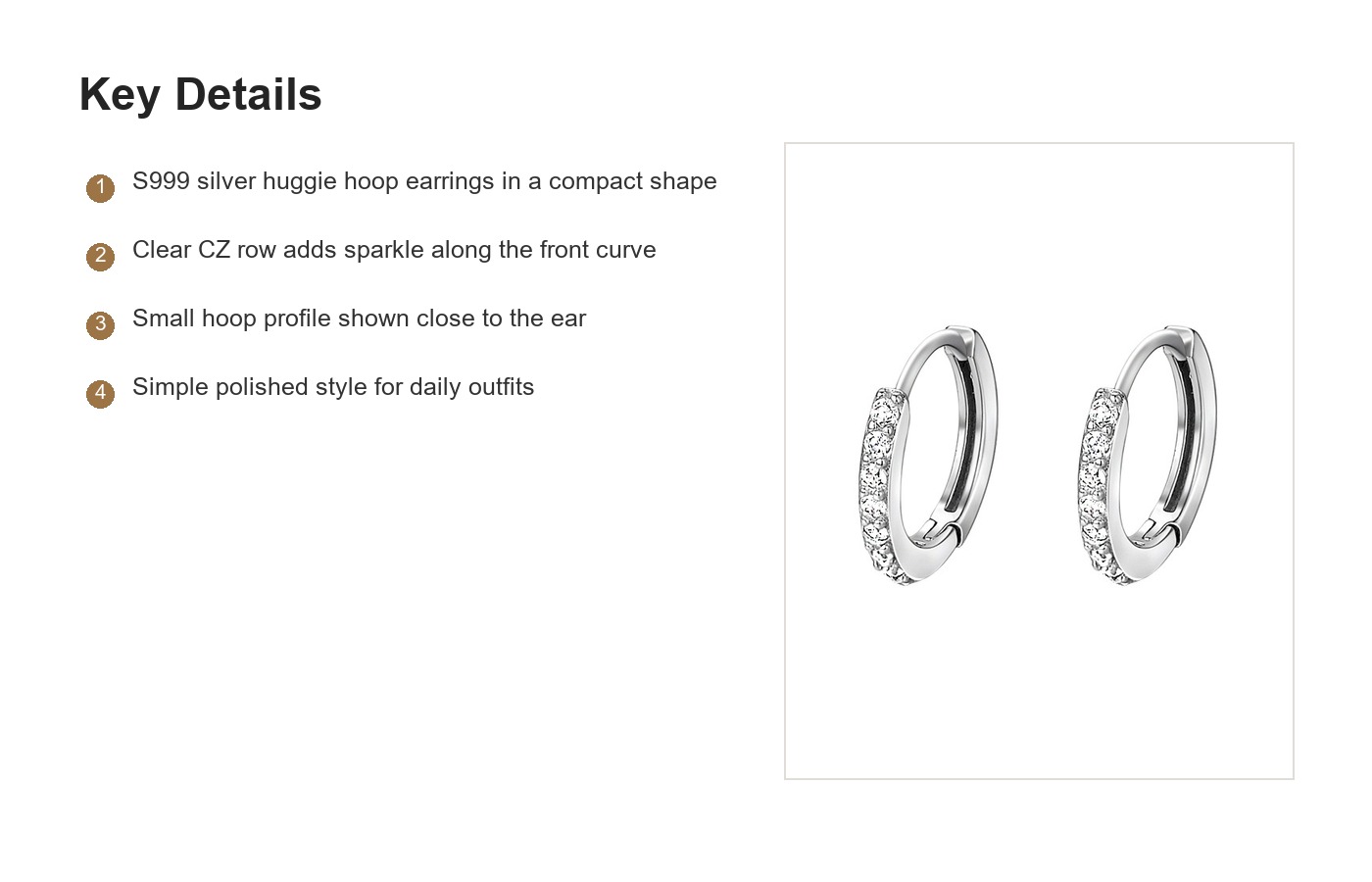 S999 Silver CZ Huggie Hoop Earrings for Women detail image