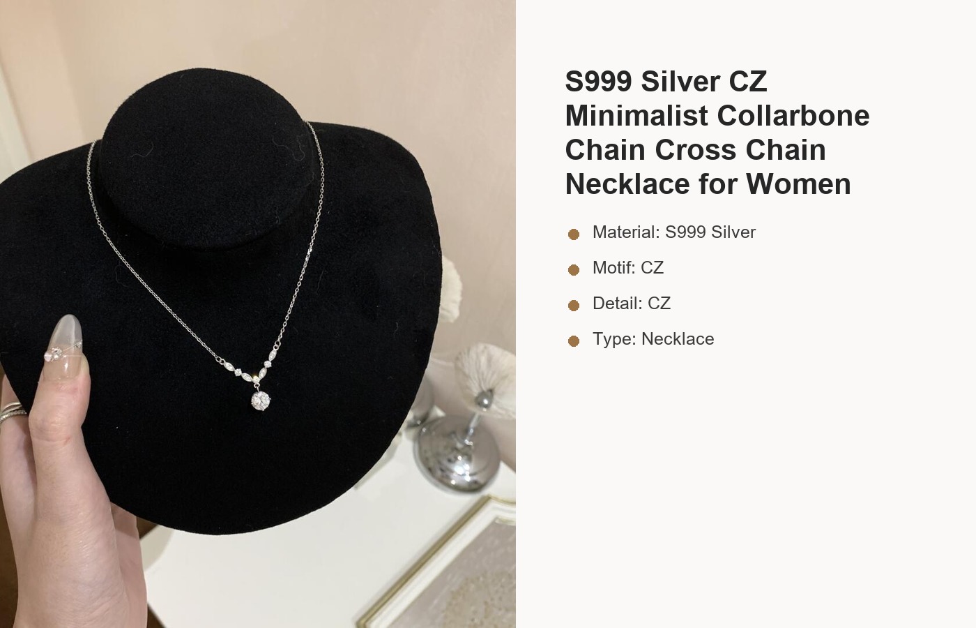 S999 Silver CZ Minimalist Collarbone Chain Cross Chain Necklace for Women detail image