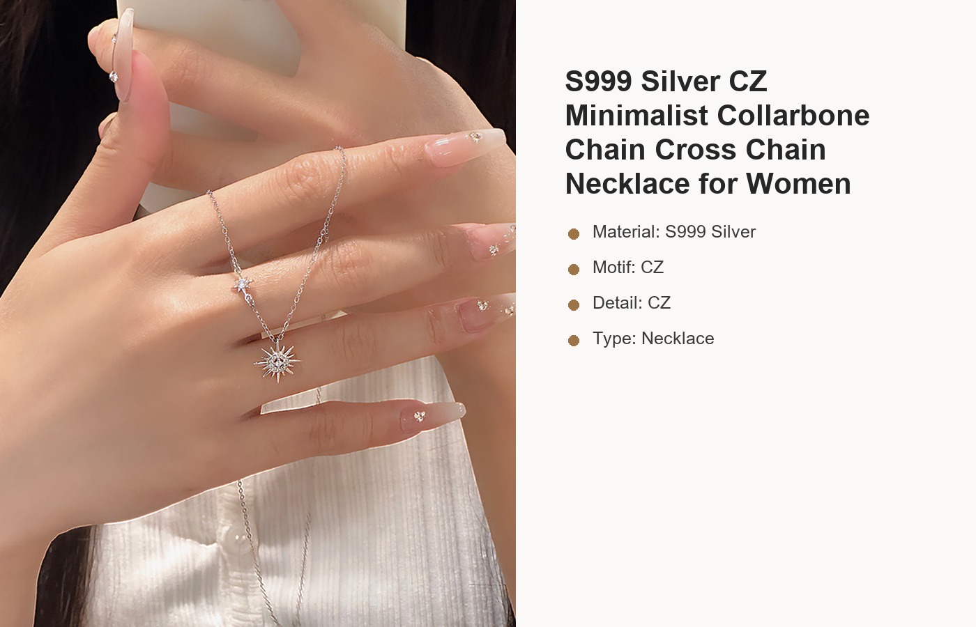 S999 Silver CZ Minimalist Collarbone Chain Cross Chain Necklace for Women detail image