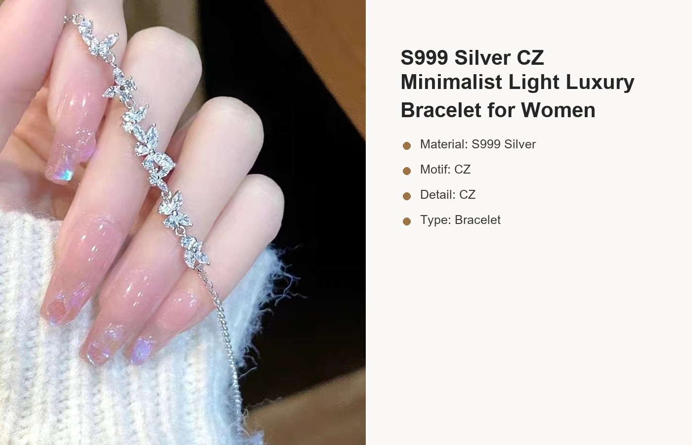 S999 Silver CZ Minimalist Light Luxury Bracelet for Women detail image