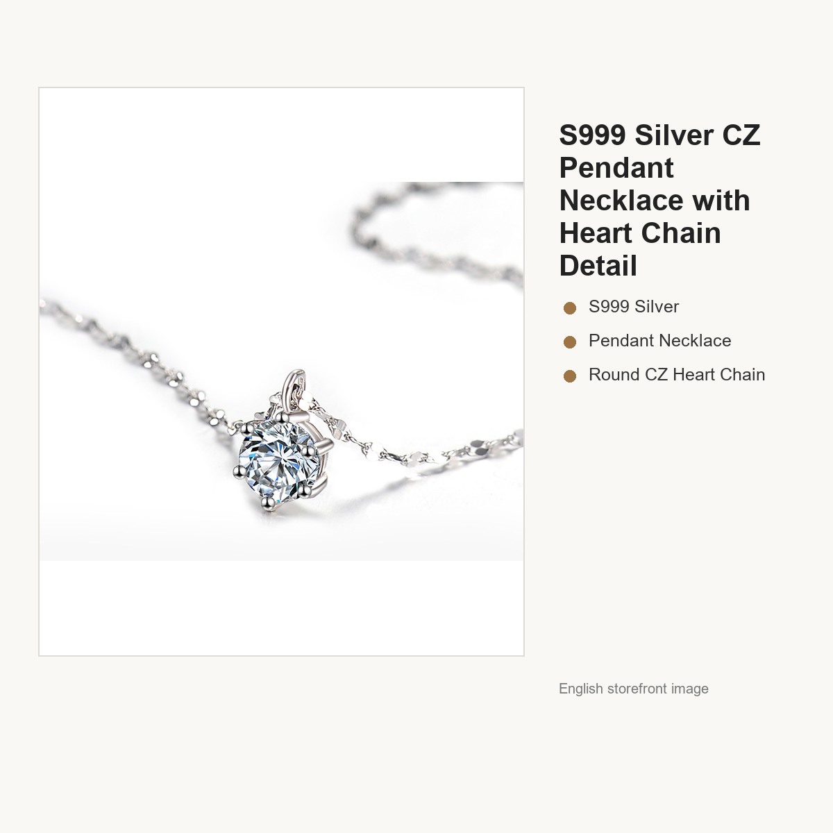 S999 Silver CZ Pendant Necklace with Heart Chain Detail gallery image 2