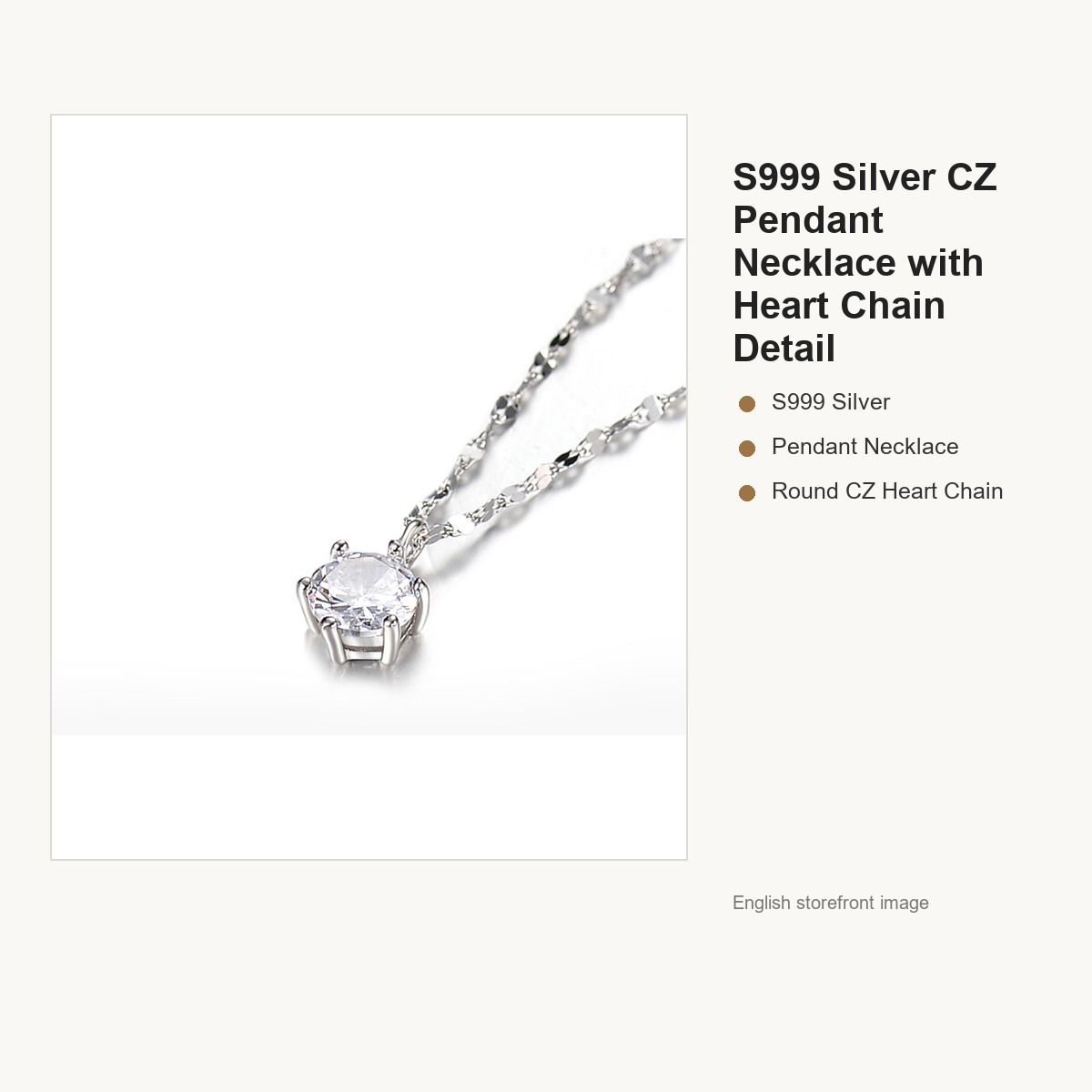 S999 Silver CZ Pendant Necklace with Heart Chain Detail gallery image 3