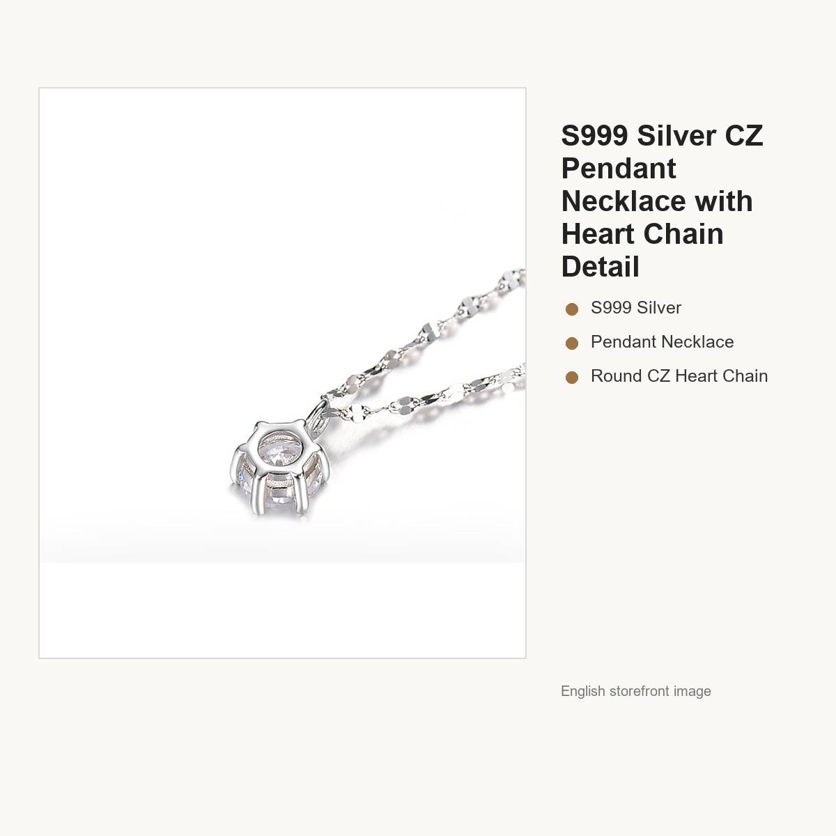 S999 Silver CZ Pendant Necklace with Heart Chain Detail gallery image 4