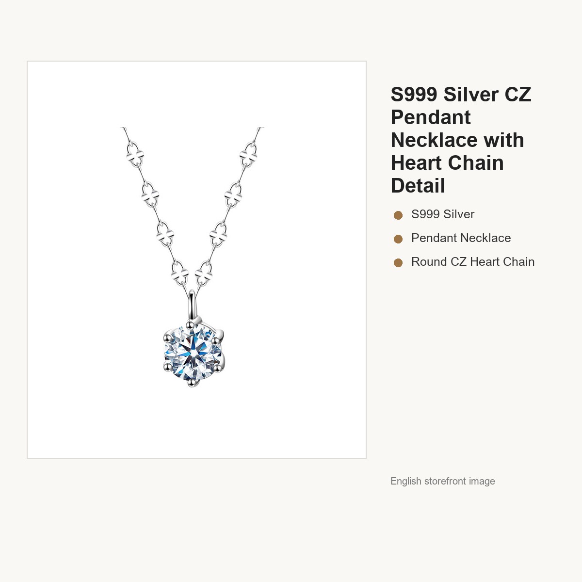 S999 Silver CZ Pendant Necklace with Heart Chain Detail gallery image 5