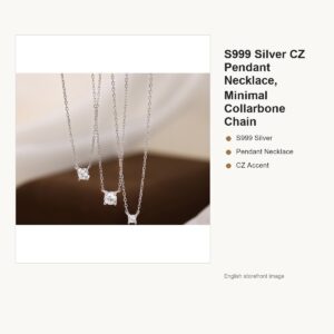 S999 Silver CZ Pendant Necklace for Women, Minimal Collarbone Chain gallery image 1