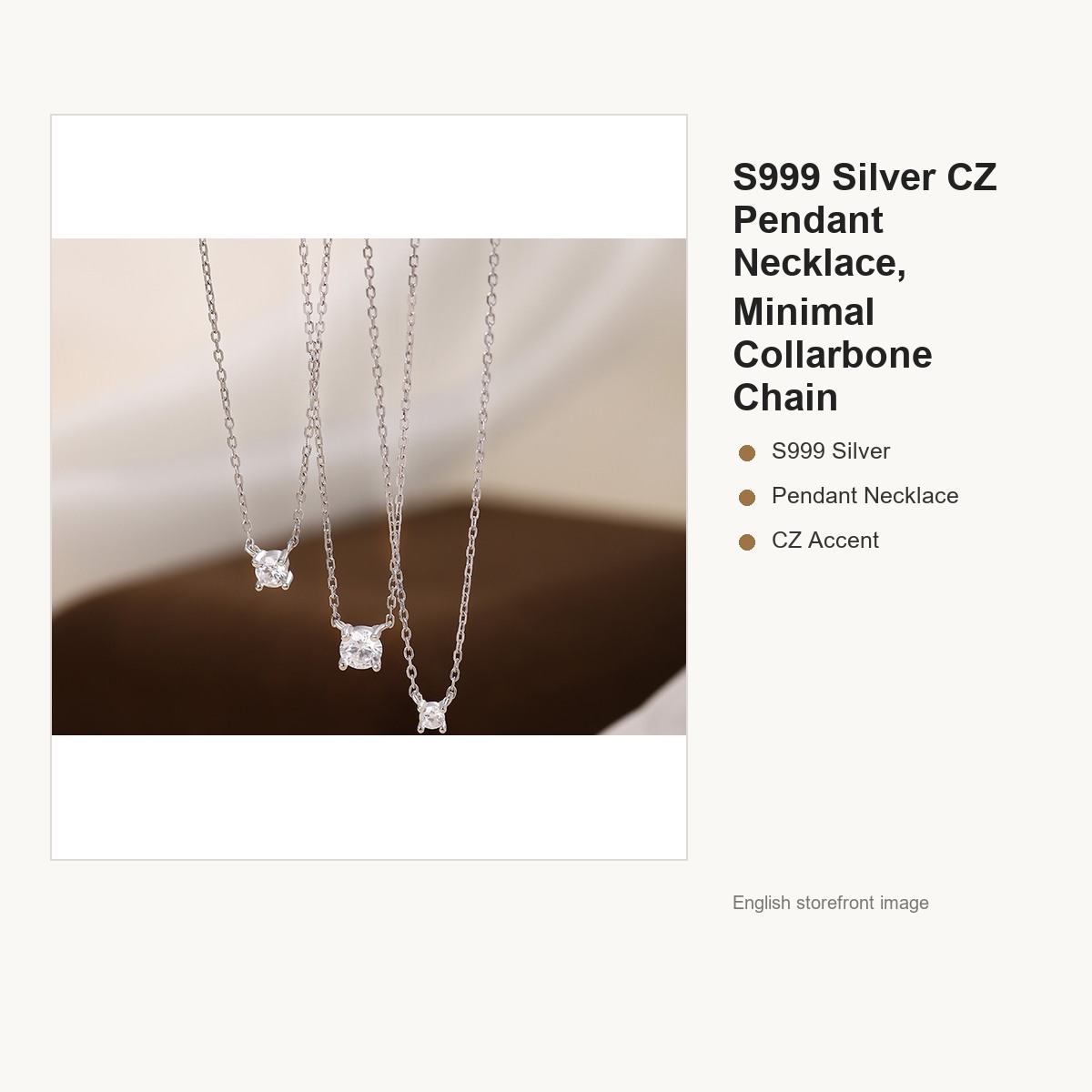 S999 Silver CZ Pendant Necklace for Women, Minimal Collarbone Chain gallery image 1