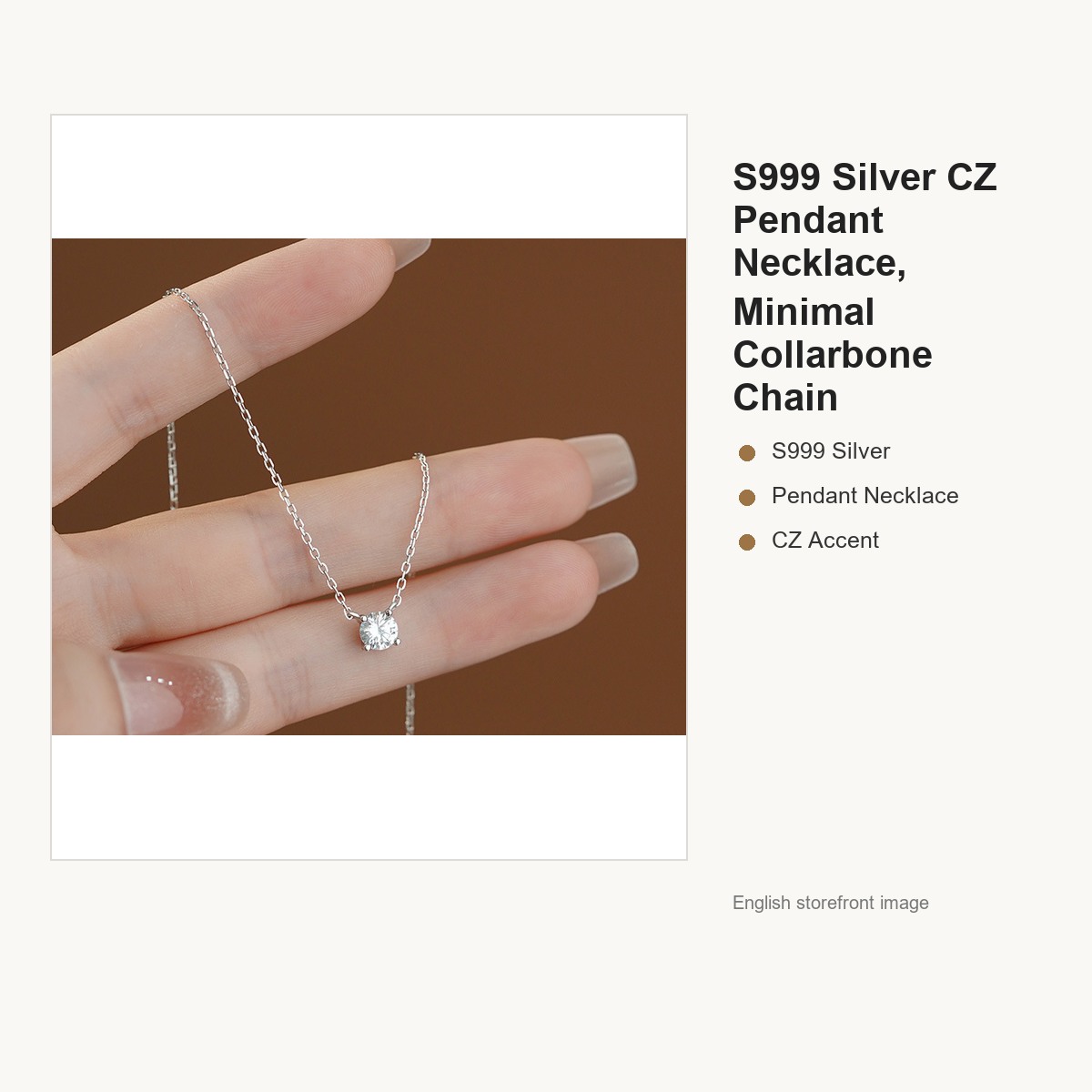 S999 Silver CZ Pendant Necklace for Women, Minimal Collarbone Chain gallery image 2