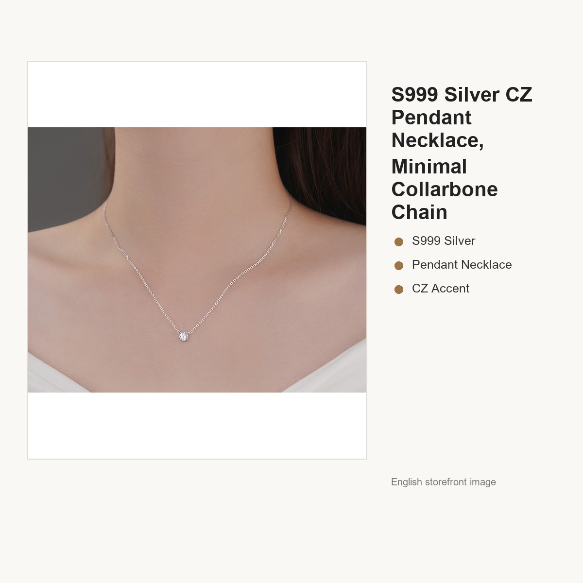 S999 Silver CZ Pendant Necklace for Women, Minimal Collarbone Chain gallery image 4
