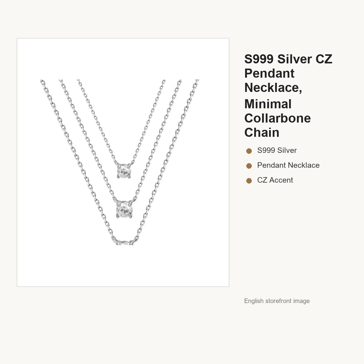 S999 Silver CZ Pendant Necklace for Women, Minimal Collarbone Chain gallery image 5