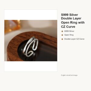 S999 Silver Double Layer Open Ring with CZ Curve gallery image 1
