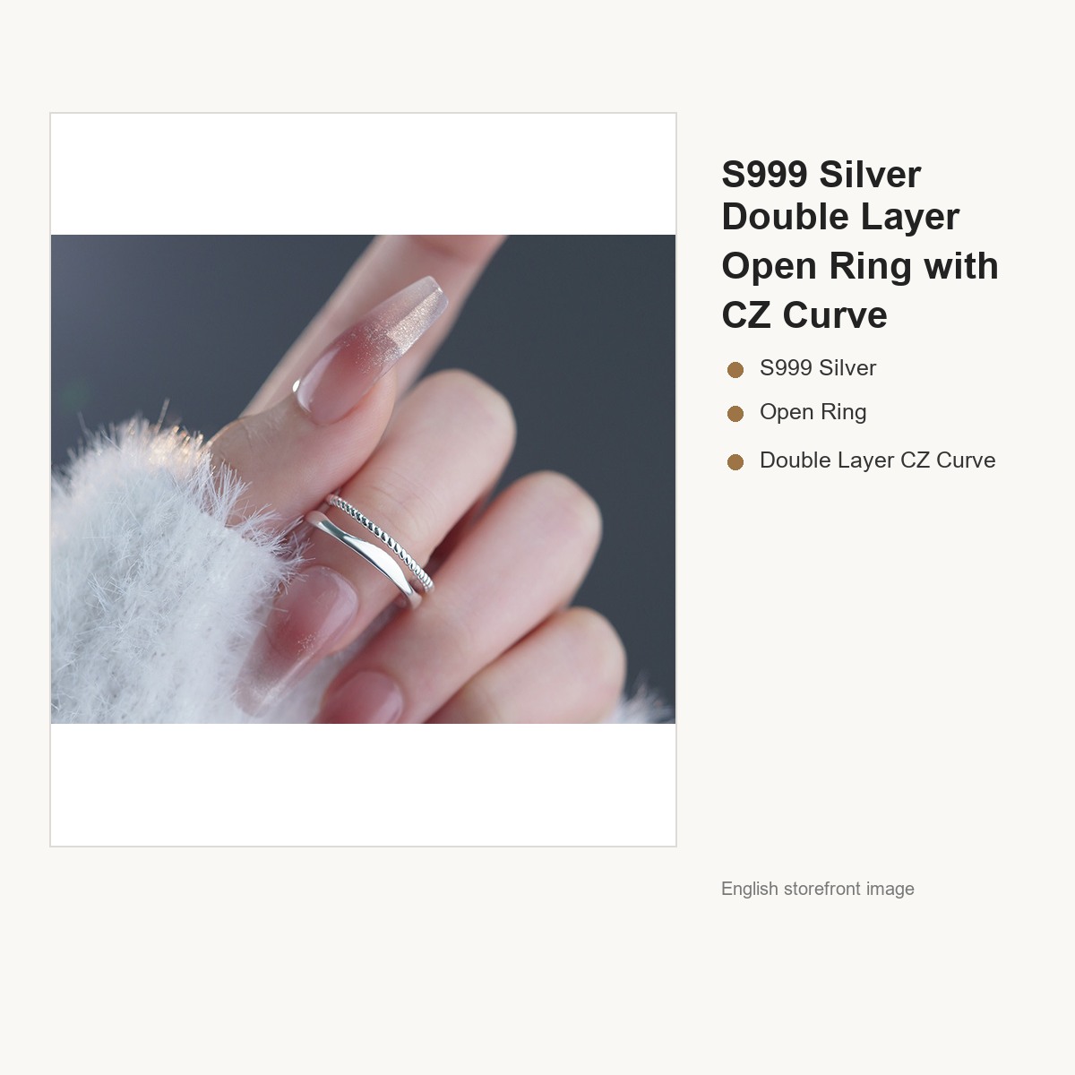 S999 Silver Double Layer Open Ring with CZ Curve gallery image 2