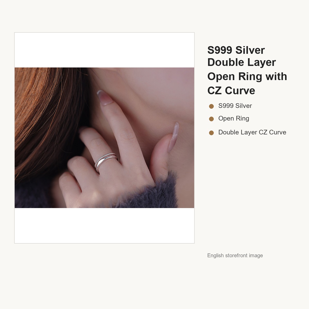 S999 Silver Double Layer Open Ring with CZ Curve gallery image 3