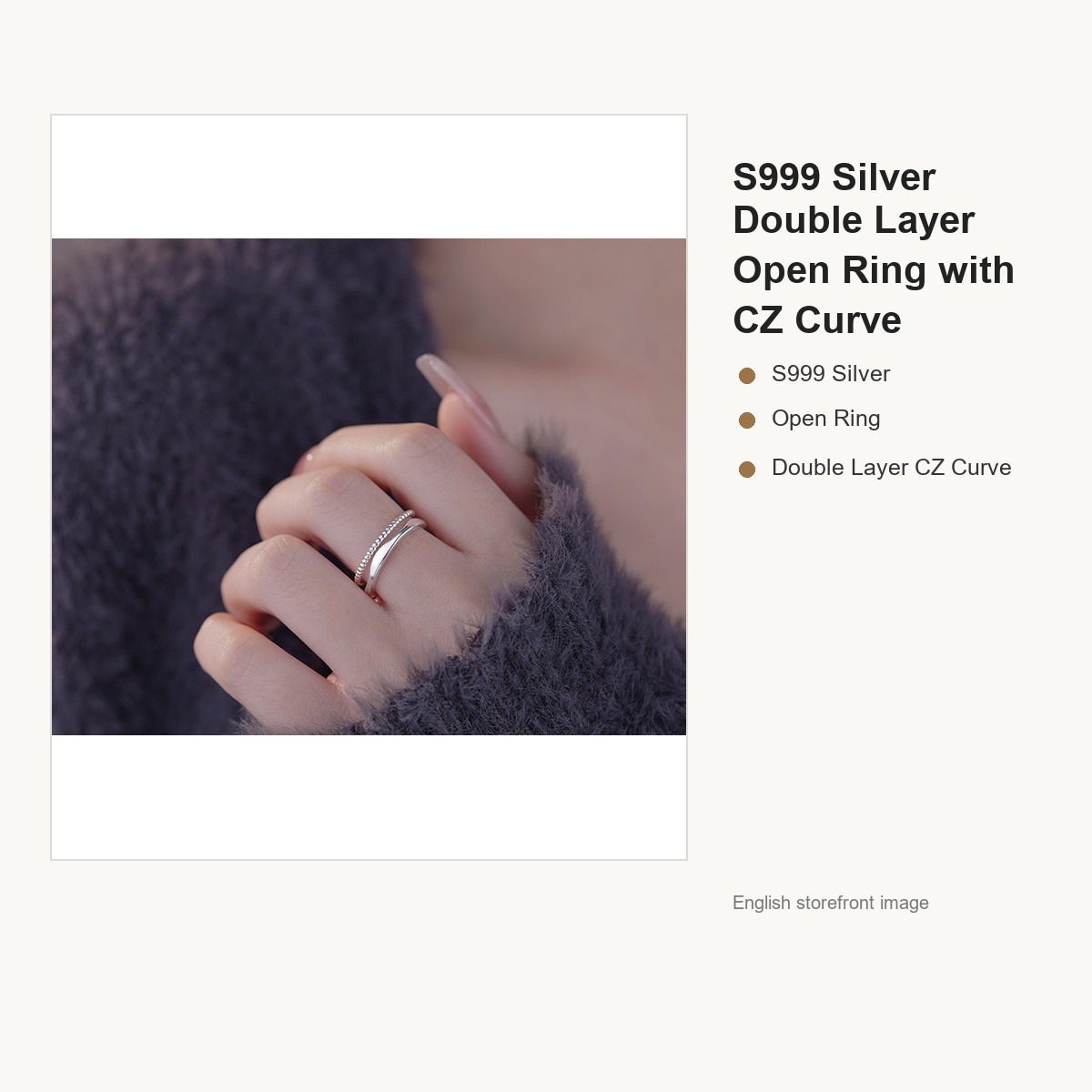 S999 Silver Double Layer Open Ring with CZ Curve gallery image 4