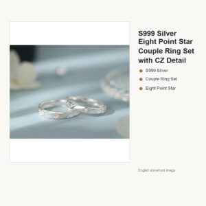 S999 Silver Eight Point Star Couple Ring Set with CZ Detail gallery image 1