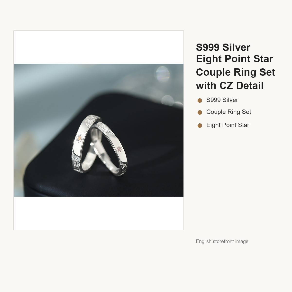 S999 Silver Eight Point Star Couple Ring Set with CZ Detail gallery image 2
