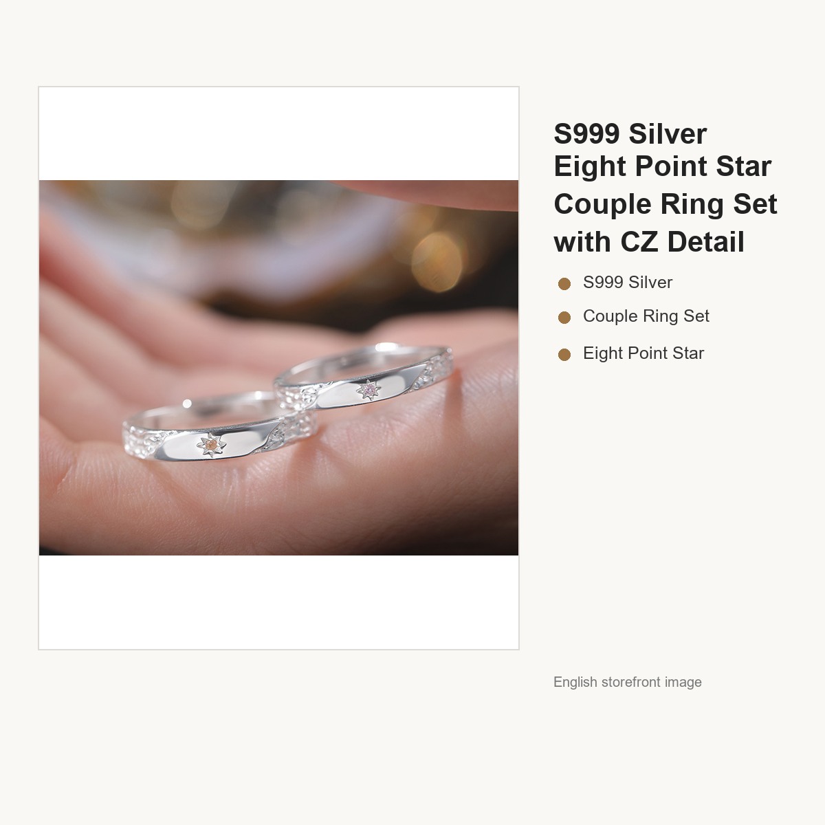 S999 Silver Eight Point Star Couple Ring Set with CZ Detail gallery image 3