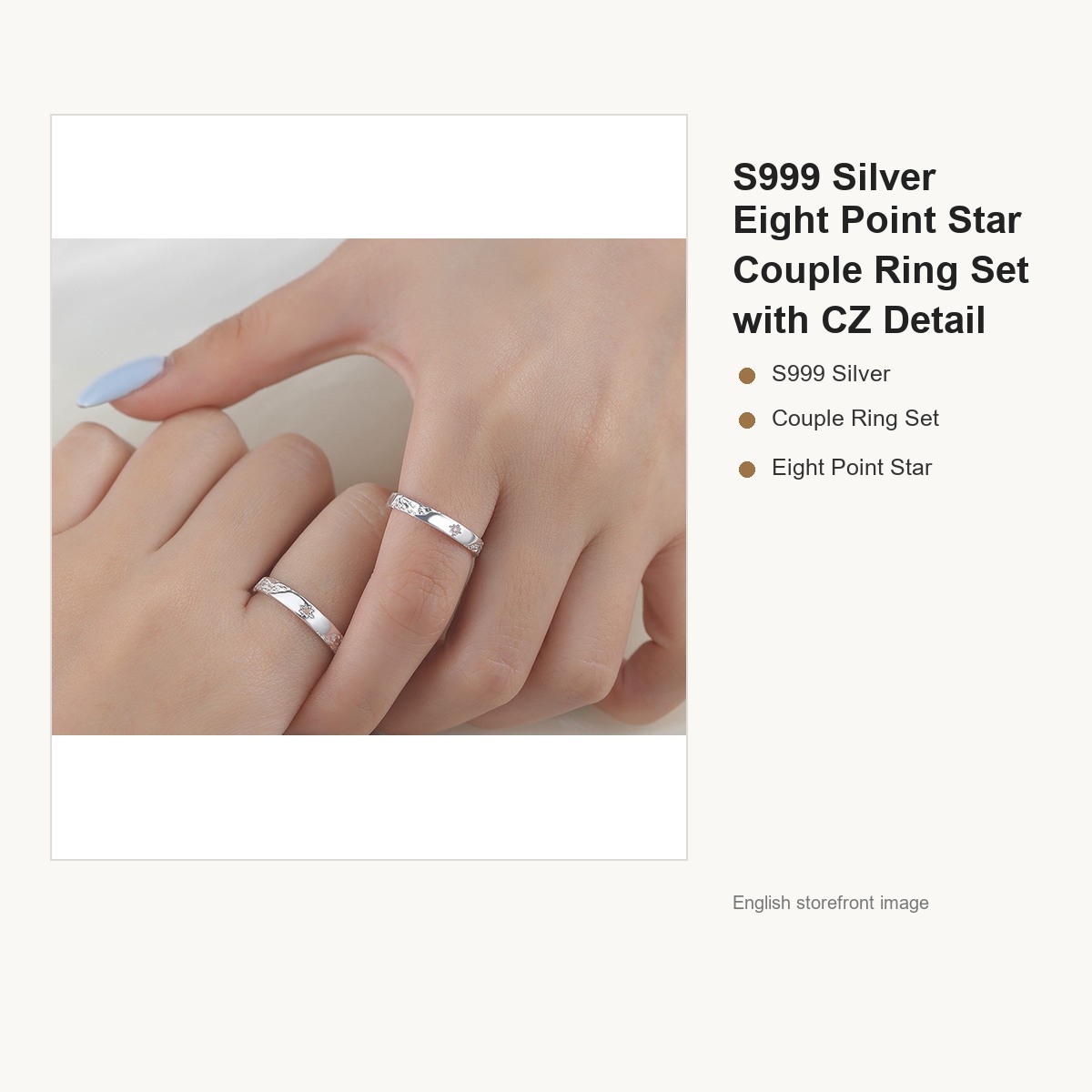 S999 Silver Eight Point Star Couple Ring Set with CZ Detail gallery image 4