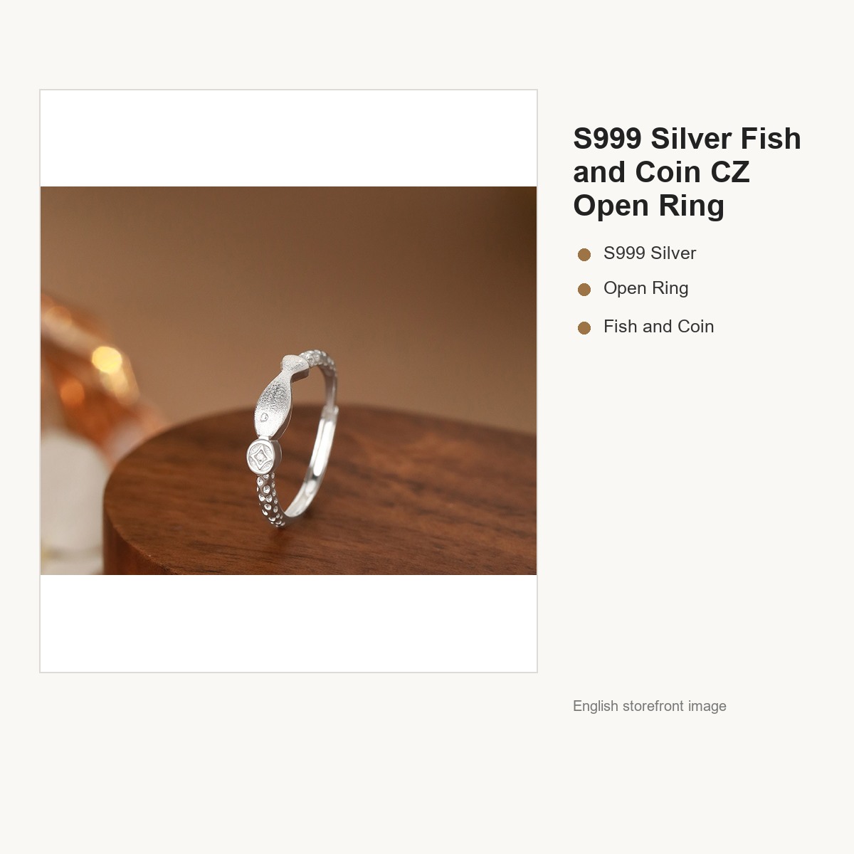 S999 Silver Fish and Coin CZ Open Ring for Women gallery image 1