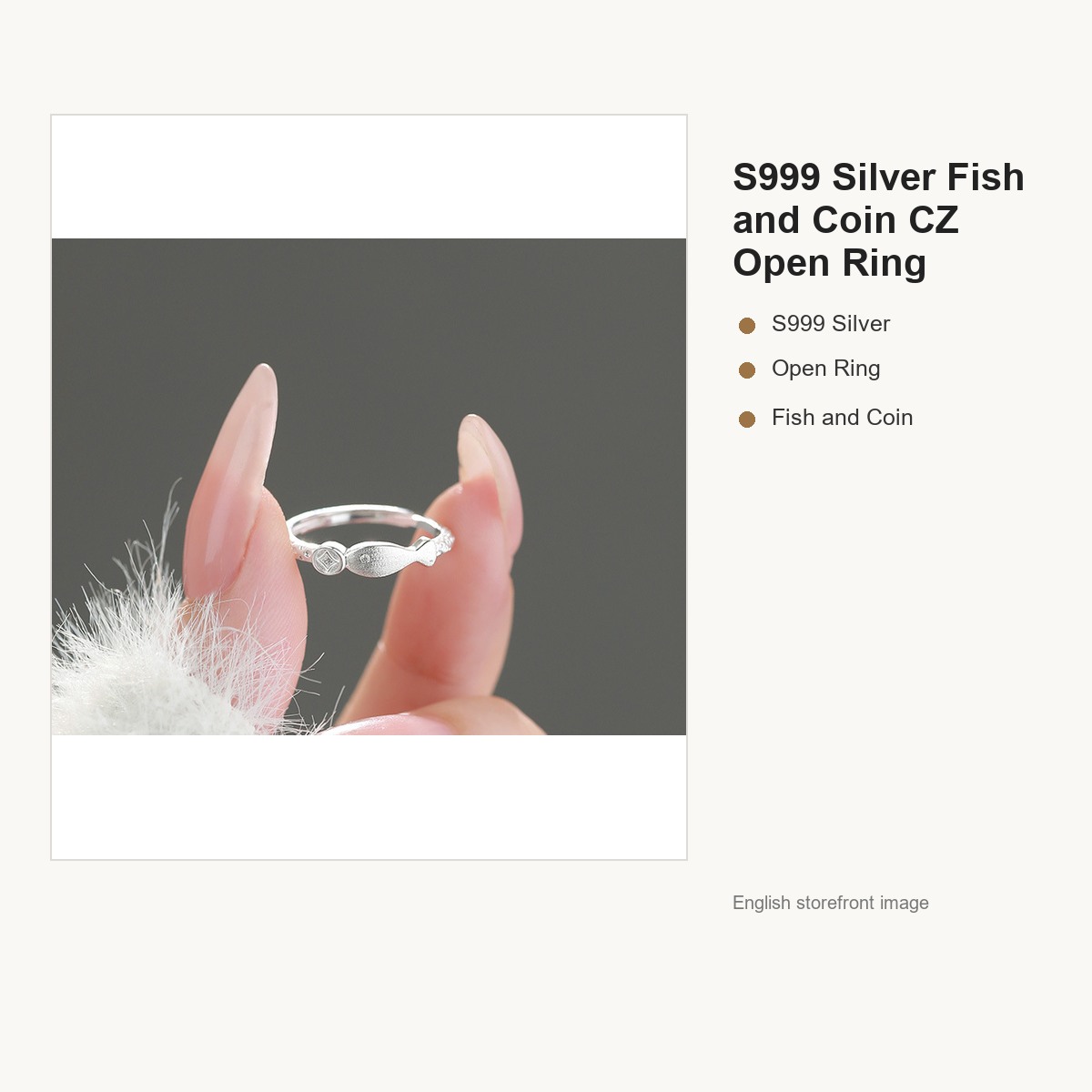 S999 Silver Fish and Coin CZ Open Ring for Women gallery image 2
