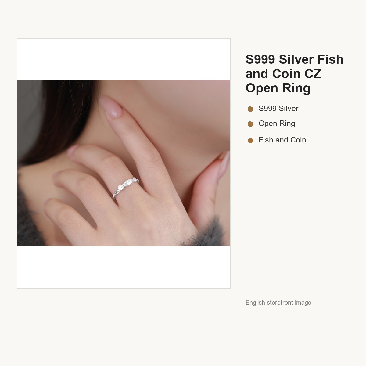 S999 Silver Fish and Coin CZ Open Ring for Women gallery image 3