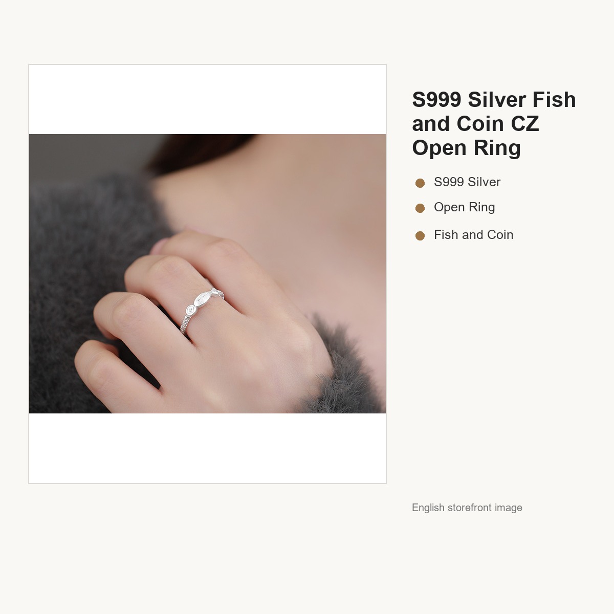 S999 Silver Fish and Coin CZ Open Ring for Women gallery image 4
