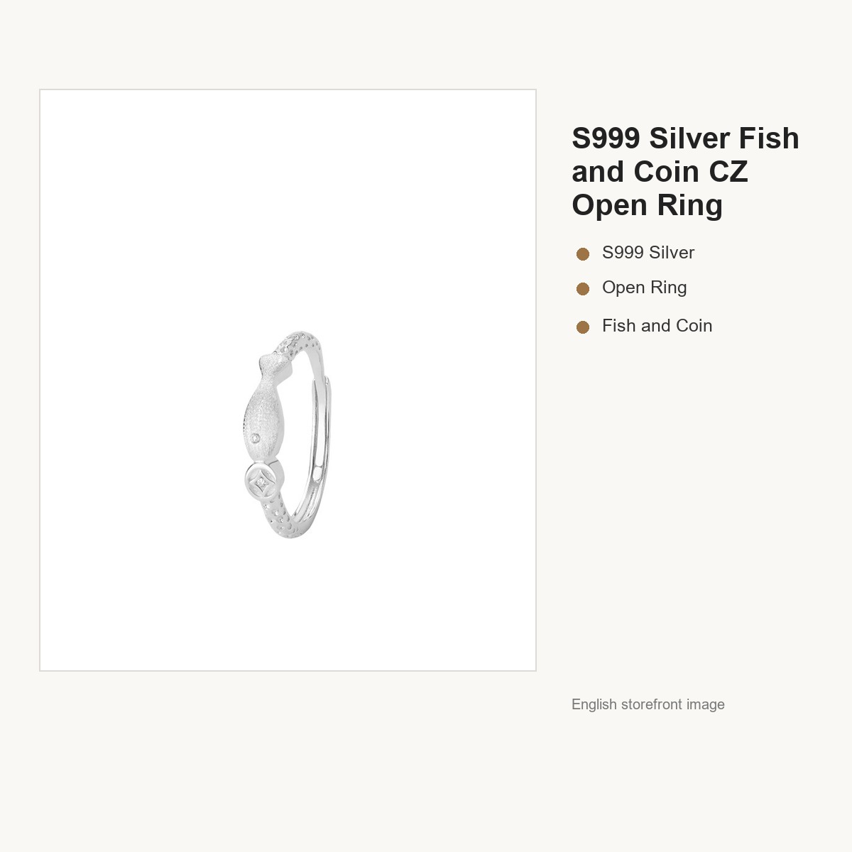 S999 Silver Fish and Coin CZ Open Ring for Women gallery image 5