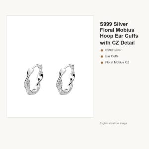S999 Silver Floral Mobius Hoop Ear Cuffs with CZ Detail gallery image 1