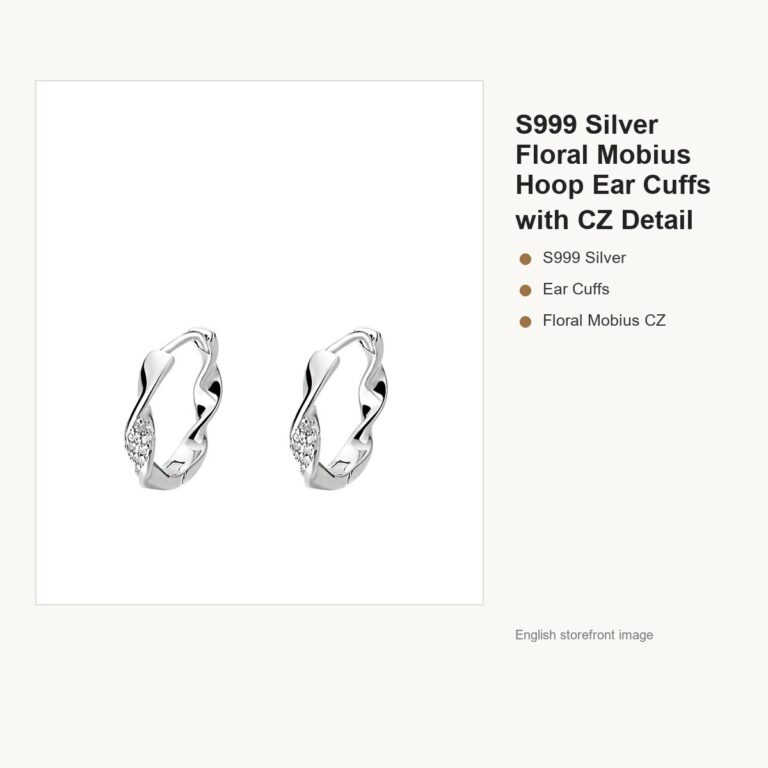 S999 Silver Floral Mobius Hoop Ear Cuffs with CZ Detail gallery image 1