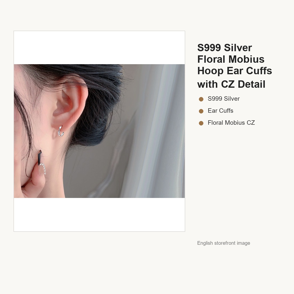 S999 Silver Floral Mobius Hoop Ear Cuffs with CZ Detail gallery image 3