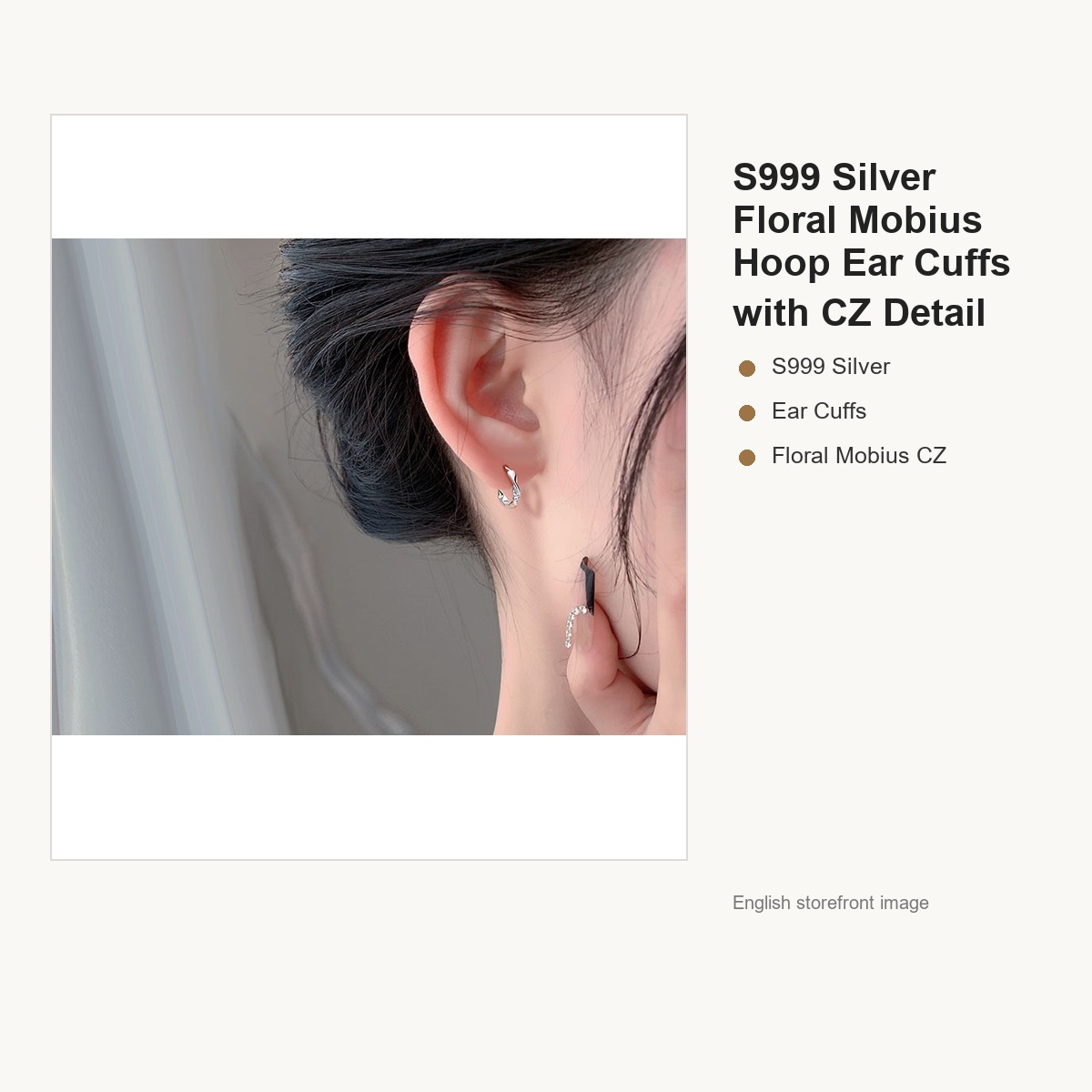 S999 Silver Floral Mobius Hoop Ear Cuffs with CZ Detail gallery image 4