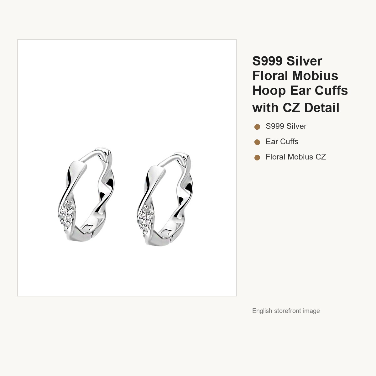 S999 Silver Floral Mobius Hoop Ear Cuffs with CZ Detail gallery image 5