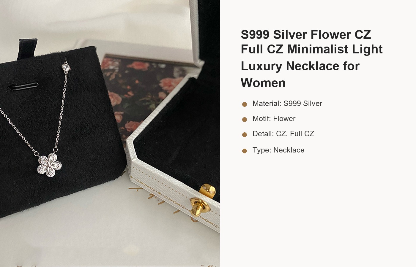 S999 Silver Flower CZ Full CZ Minimalist Light Luxury Necklace for Women detail image