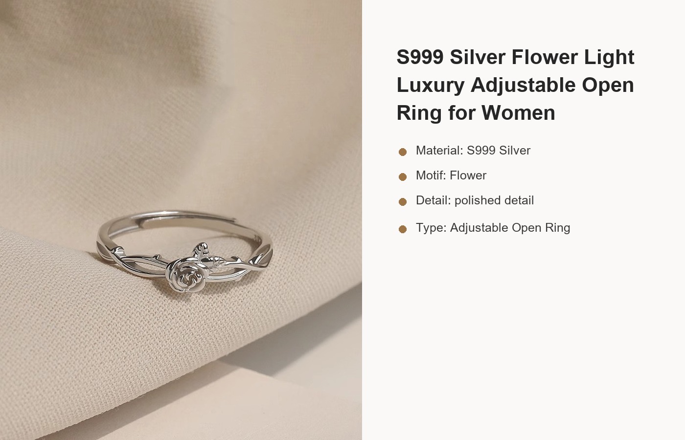 S999 Silver Flower Light Luxury Adjustable Open Ring for Women detail image
