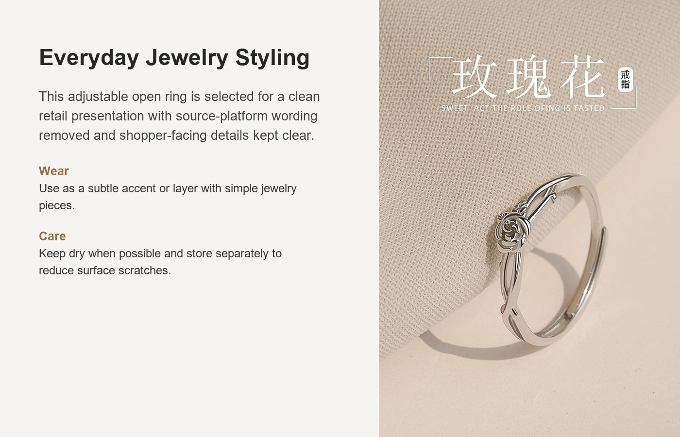 S999 Silver Flower Light Luxury Adjustable Open Ring for Women detail image