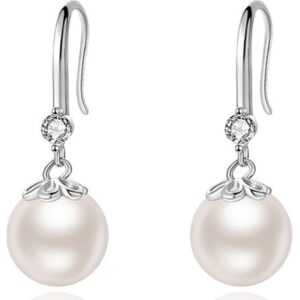 S999 Silver Flower Pearl Drop Earrings clean product image 1
