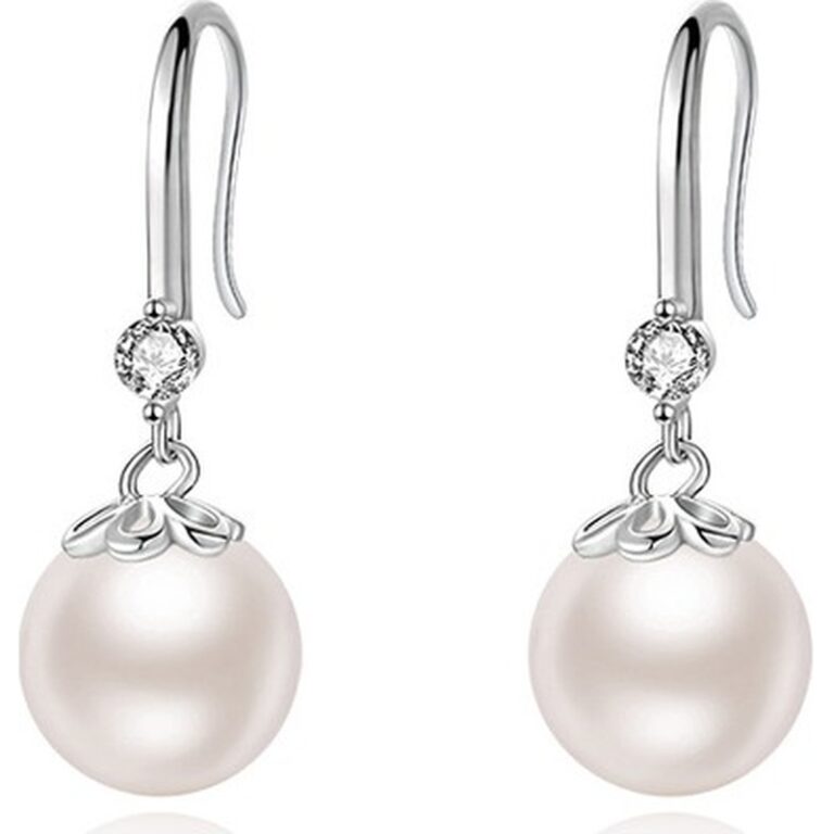 S999 Silver Flower Pearl Drop Earrings clean product image 1