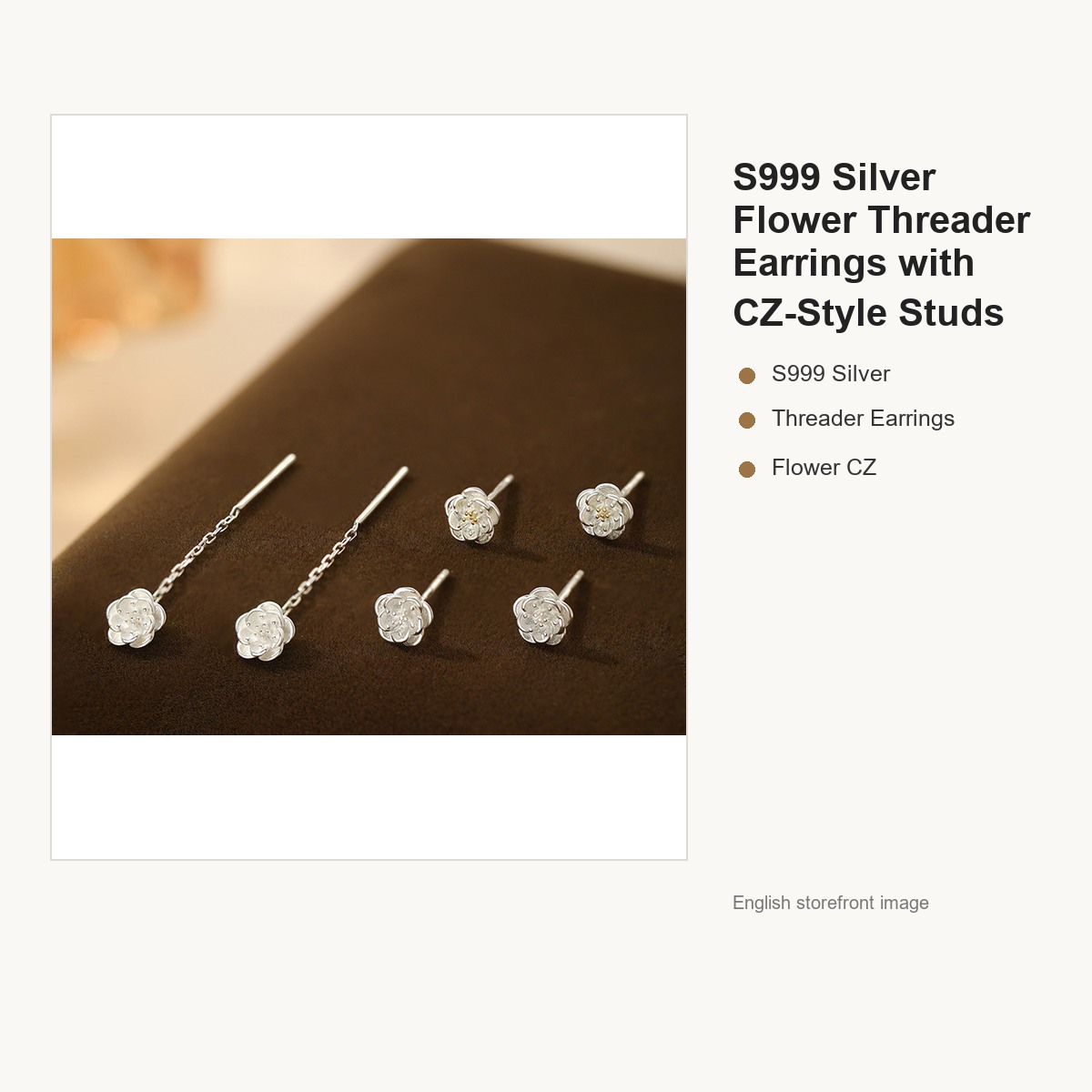 S999 Silver Flower Threader Earrings with CZ-Style Studs gallery image 1