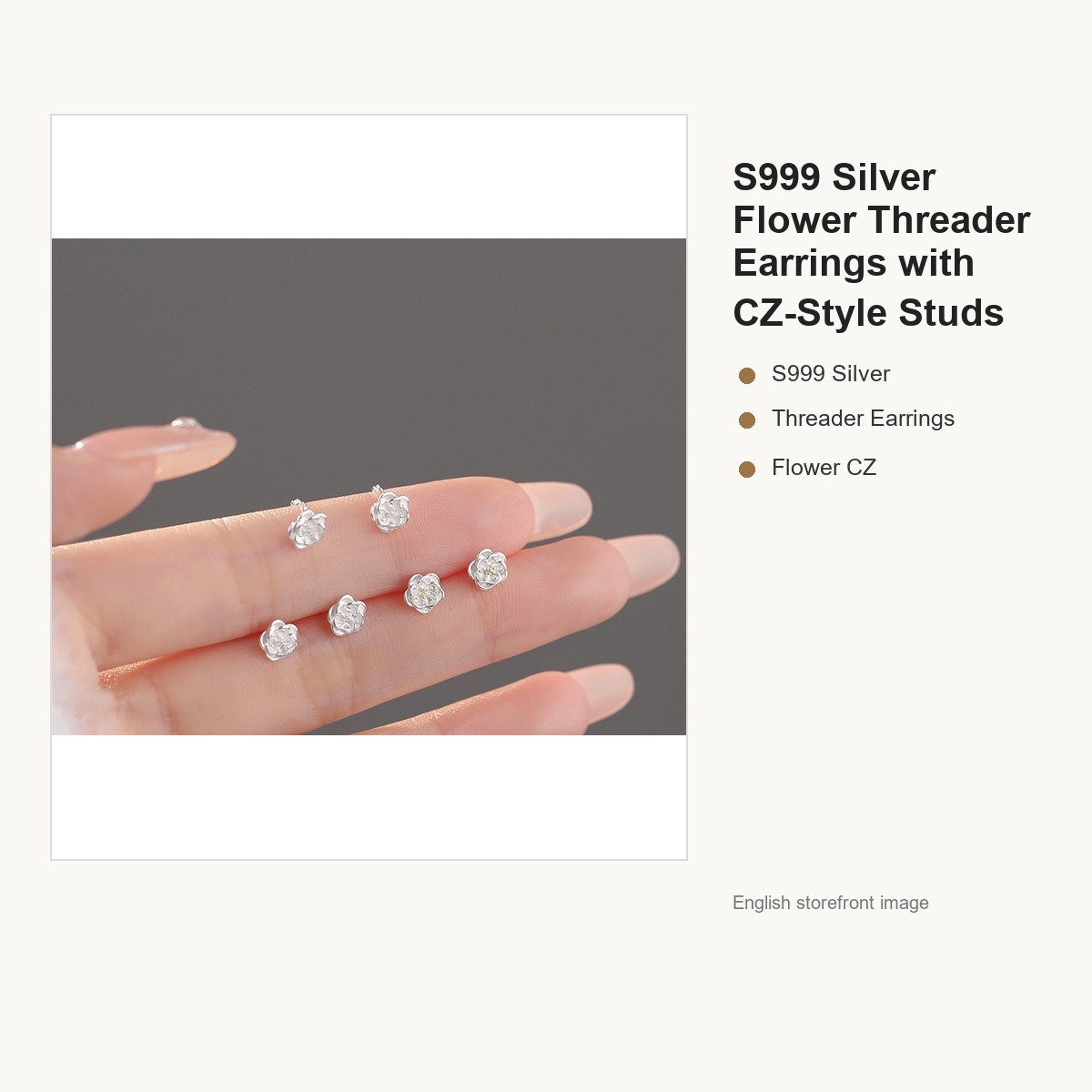 S999 Silver Flower Threader Earrings with CZ-Style Studs gallery image 2