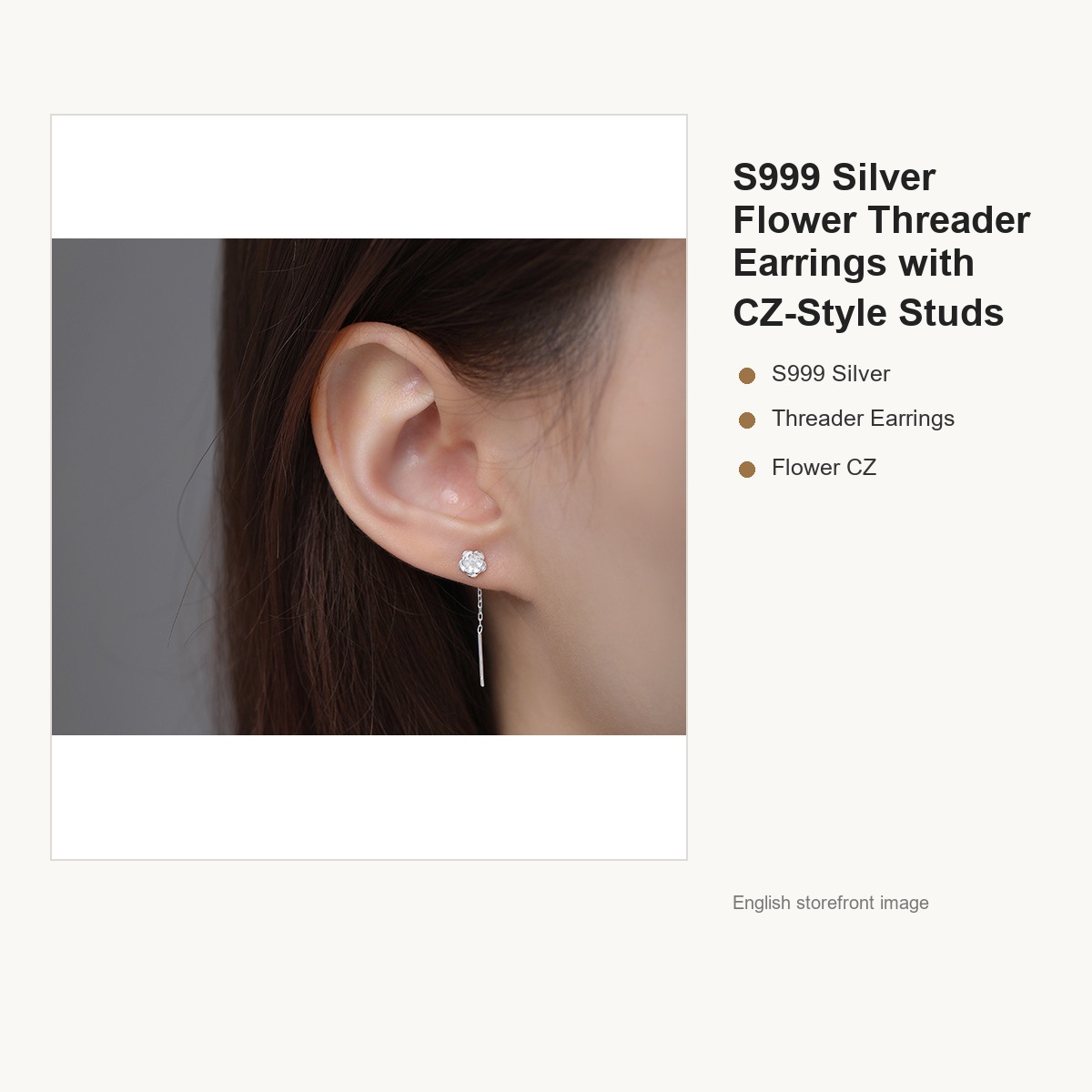 S999 Silver Flower Threader Earrings with CZ-Style Studs gallery image 3