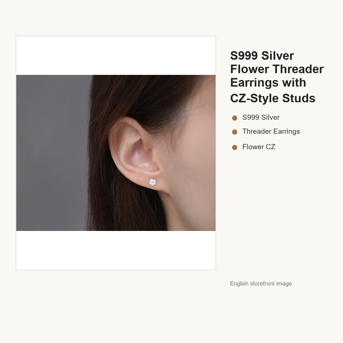 S999 Silver Flower Threader Earrings with CZ-Style Studs gallery image 4