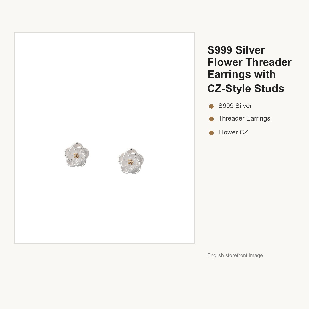 S999 Silver Flower Threader Earrings with CZ-Style Studs gallery image 5