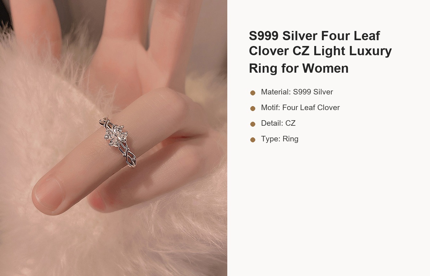 S999 Silver Four Leaf Clover CZ Light Luxury Ring for Women detail image
