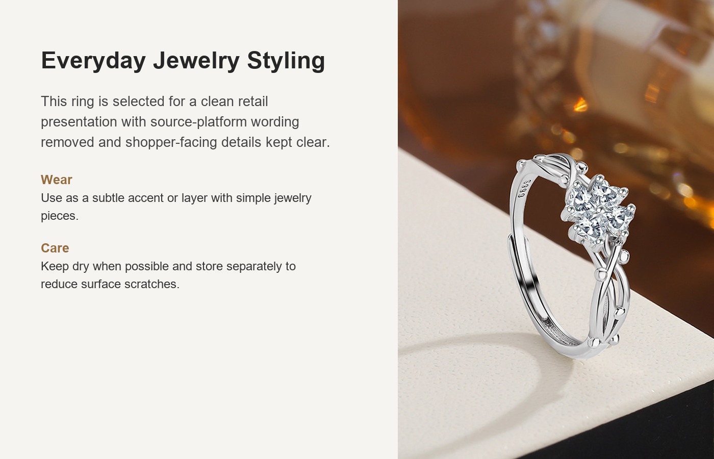 S999 Silver Four Leaf Clover CZ Light Luxury Ring for Women detail image