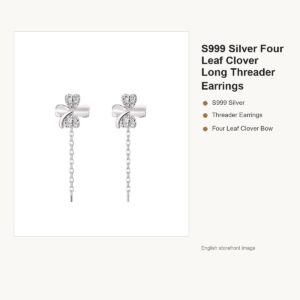 S999 Silver Four Leaf Clover Long Threader Earrings gallery image 1