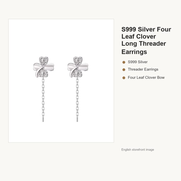 S999 Silver Four Leaf Clover Long Threader Earrings gallery image 1