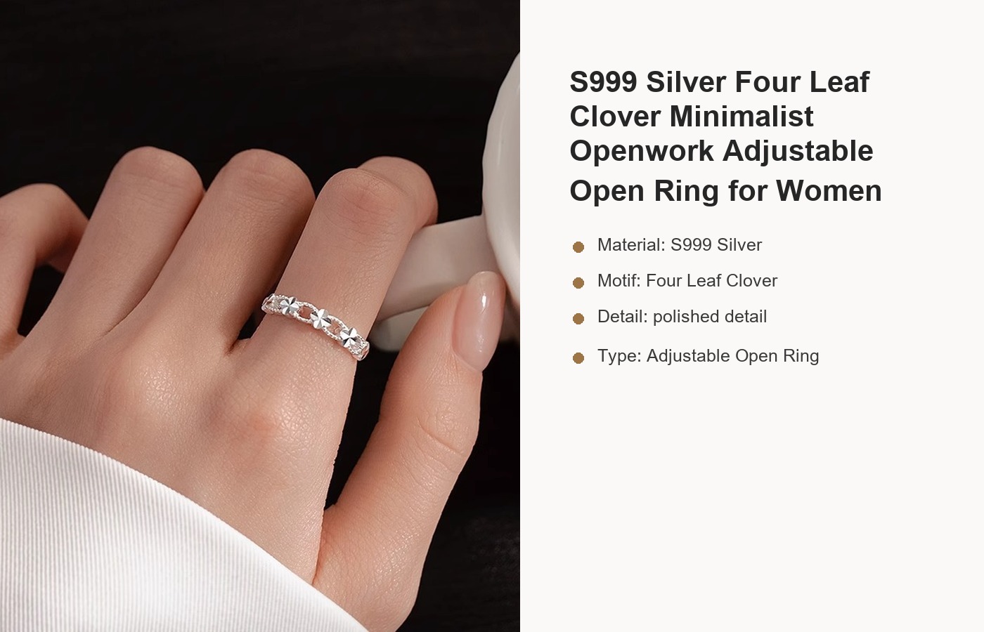 S999 Silver Four Leaf Clover Minimalist Openwork Adjustable Open Ring for Women detail image