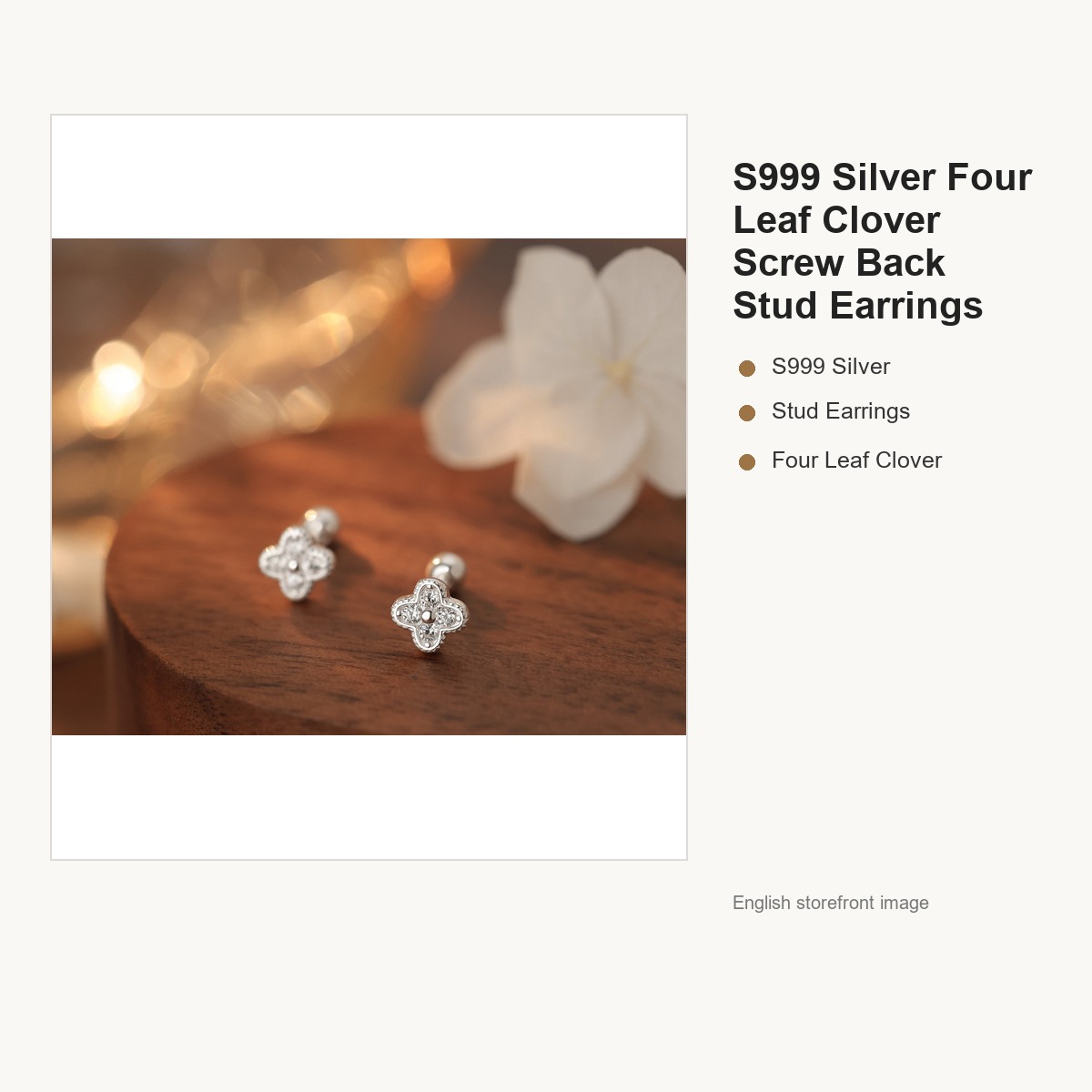 S999 Silver Four Leaf Clover Screw Back Stud Earrings gallery image 2